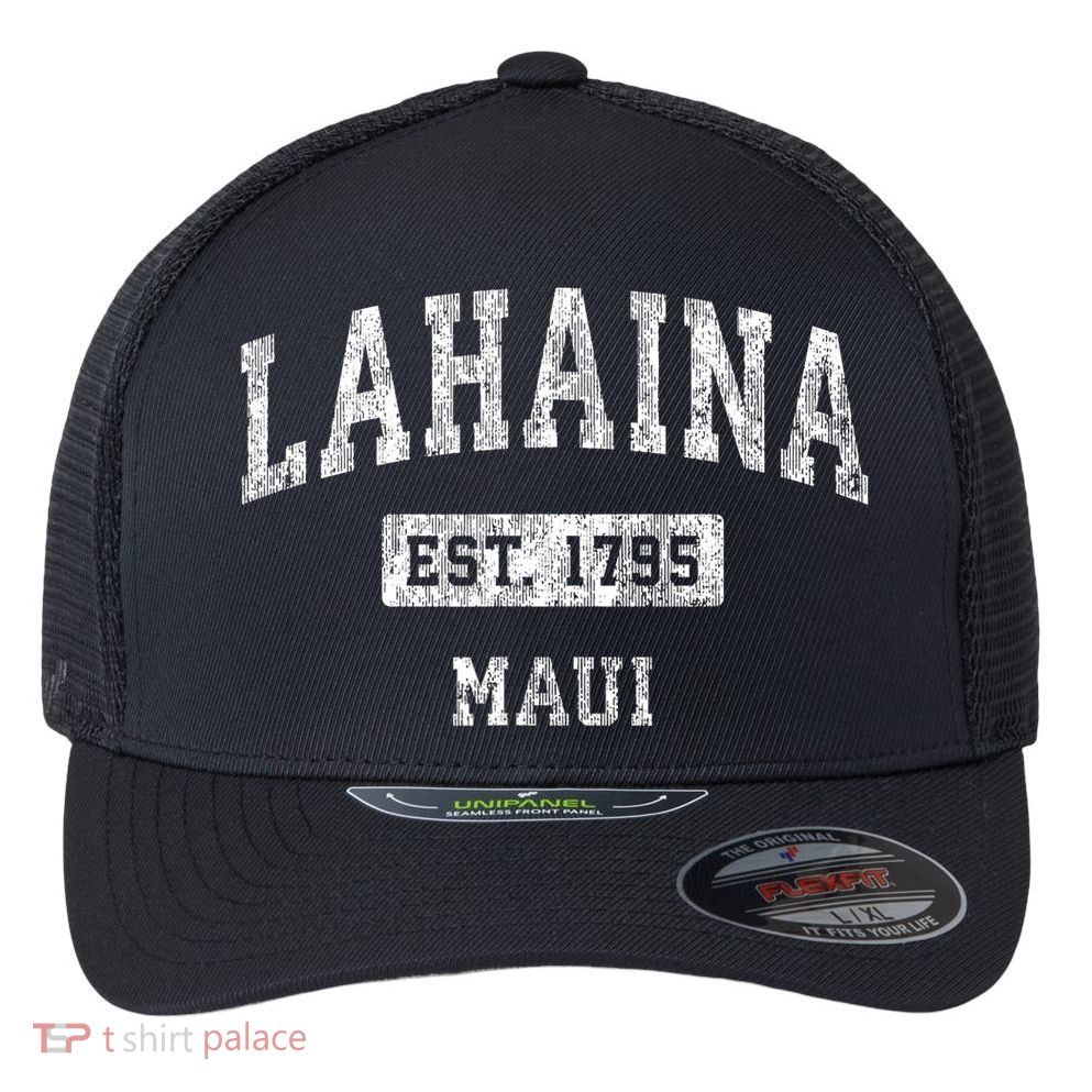 This Classic Established Lahaina Hawaii Shirts Features A Traditional Distressed Flexfit Unipanel Trucker Cap
