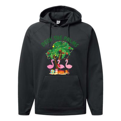 Tropical Christmas Florida Flamingo Deck The Palms Performance Fleece Hoodie