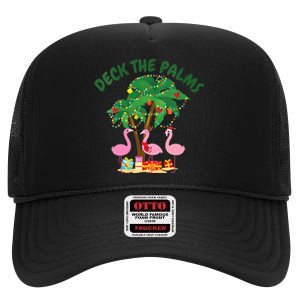 Tropical Christmas Florida Flamingo Deck The Palms High Crown Mesh Back Trucker Hat