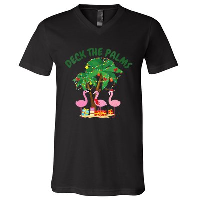 Tropical Christmas Florida Flamingo Deck The Palms V-Neck T-Shirt