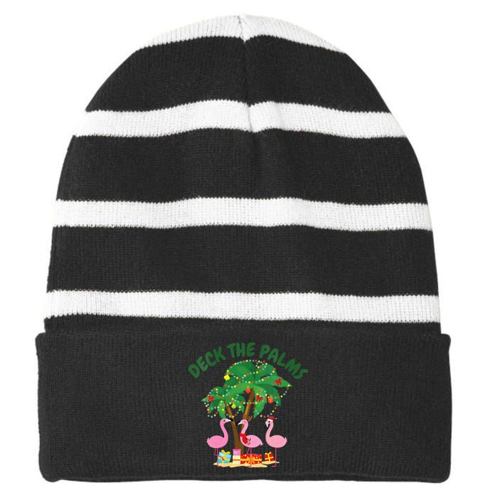 Tropical Christmas Florida Flamingo Deck The Palms Striped Beanie with Solid Band