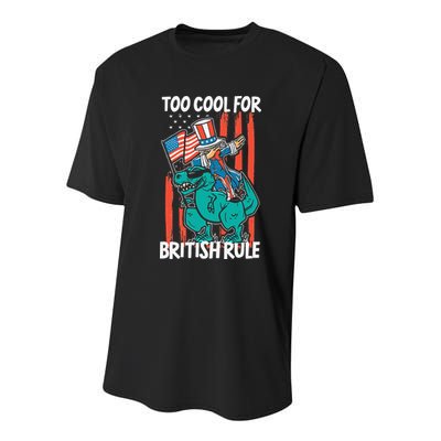 Too Cool For British Rule 4th Of July American Dinosaur Youth Performance Sprint T-Shirt
