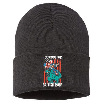 Too Cool For British Rule 4th Of July American Dinosaur Sustainable Knit Beanie