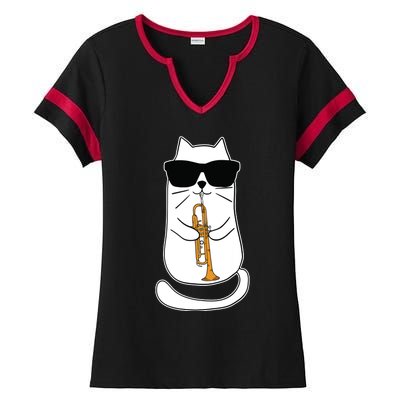 Trumpet Cat Funny Trumpet Player Ladies Halftime Notch Neck Tee