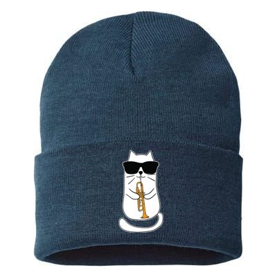 Trumpet Cat Funny Trumpet Player Sustainable Knit Beanie