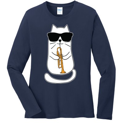 Trumpet Cat Funny Trumpet Player Ladies Long Sleeve Shirt