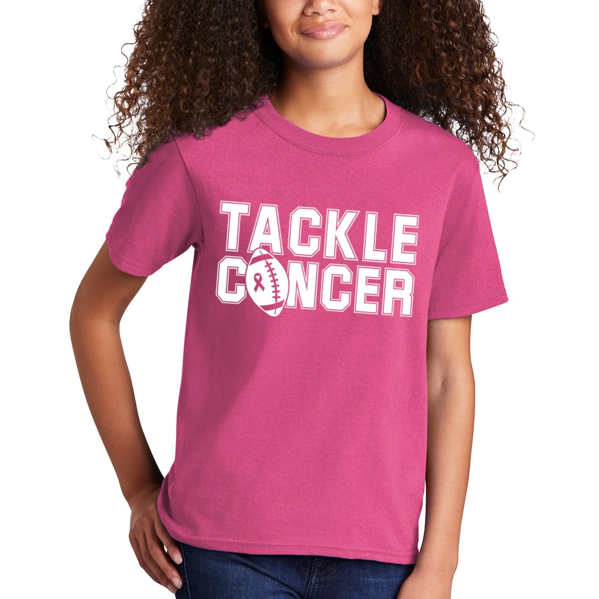 Tackle Cancer Football Ribbon Breast Cancer Awareness Kids T-Shirt