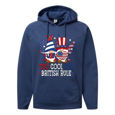 Too Cool For British Rule American Patriotic Gnomes July 4th Gift Performance Fleece Hoodie