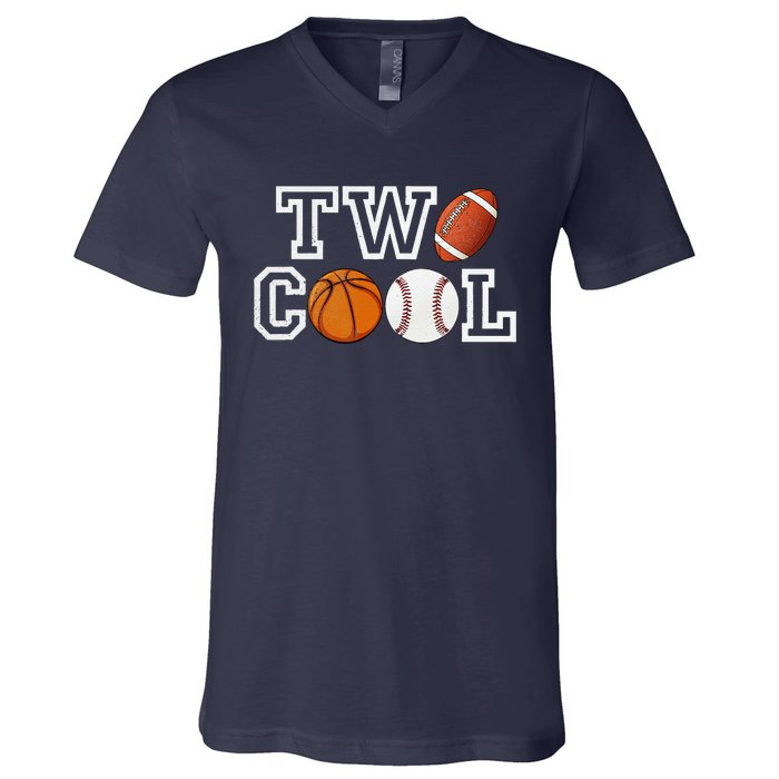 Two Cool For Birthday Boy Football Basketball V-Neck T-Shirt