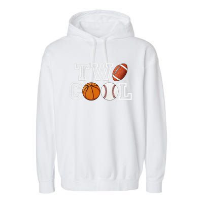 Two Cool For Birthday Boy Football Basketball Garment-Dyed Fleece Hoodie