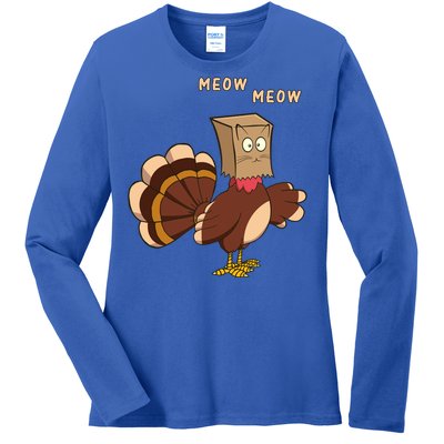 Thanksgiving Cat Funny Fake Cat Meow Thanksgiving Turkey Gift Ladies Long Sleeve Shirt