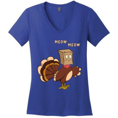 Thanksgiving Cat Funny Fake Cat Meow Thanksgiving Turkey Gift Women's V-Neck T-Shirt