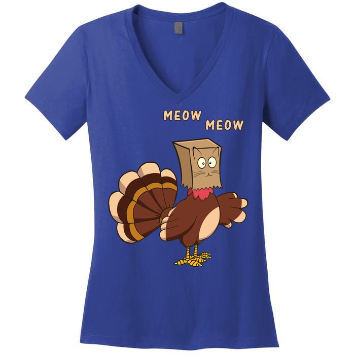 Thanksgiving Cat Funny Fake Cat Meow Thanksgiving Turkey Gift Women's V-Neck T-Shirt