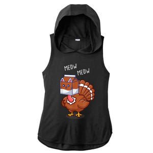 Thanksgiving Cat Funny Fake Cat Meow Thanksgiving Turkey Ladies PosiCharge Tri-Blend Wicking Draft Hoodie Tank