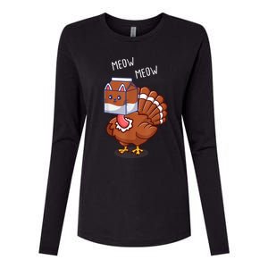 Thanksgiving Cat Funny Fake Cat Meow Thanksgiving Turkey Womens Cotton Relaxed Long Sleeve T-Shirt