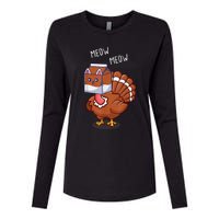 Thanksgiving Cat Funny Fake Cat Meow Thanksgiving Turkey Womens Cotton Relaxed Long Sleeve T-Shirt