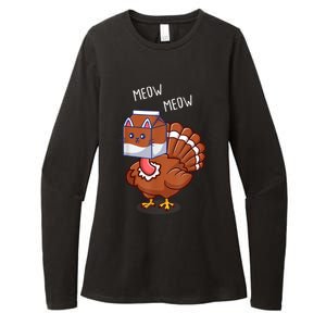 Thanksgiving Cat Funny Fake Cat Meow Thanksgiving Turkey Womens CVC Long Sleeve Shirt