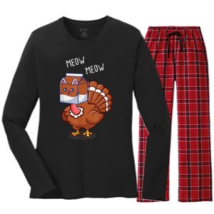 Thanksgiving Cat Funny Fake Cat Meow Thanksgiving Turkey Women's Long Sleeve Flannel Pajama Set 