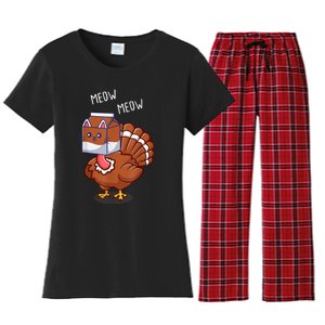 Thanksgiving Cat Funny Fake Cat Meow Thanksgiving Turkey Women's Flannel Pajama Set