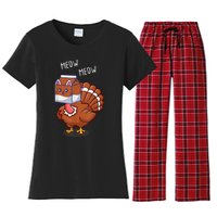 Thanksgiving Cat Funny Fake Cat Meow Thanksgiving Turkey Women's Flannel Pajama Set