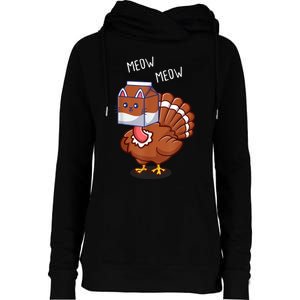 Thanksgiving Cat Funny Fake Cat Meow Thanksgiving Turkey Womens Funnel Neck Pullover Hood