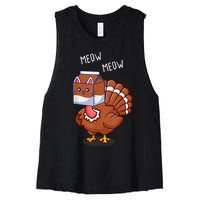 Thanksgiving Cat Funny Fake Cat Meow Thanksgiving Turkey Women's Racerback Cropped Tank