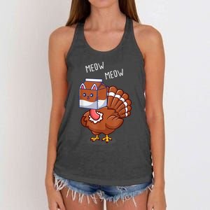 Thanksgiving Cat Funny Fake Cat Meow Thanksgiving Turkey Women's Knotted Racerback Tank