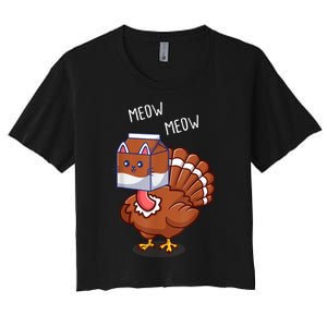 Thanksgiving Cat Funny Fake Cat Meow Thanksgiving Turkey Women's Crop Top Tee