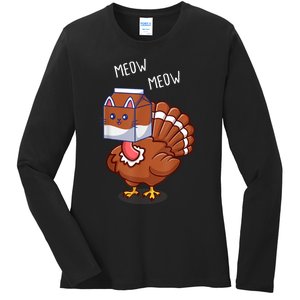 Thanksgiving Cat Funny Fake Cat Meow Thanksgiving Turkey Ladies Long Sleeve Shirt