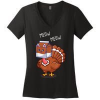 Thanksgiving Cat Funny Fake Cat Meow Thanksgiving Turkey Women's V-Neck T-Shirt