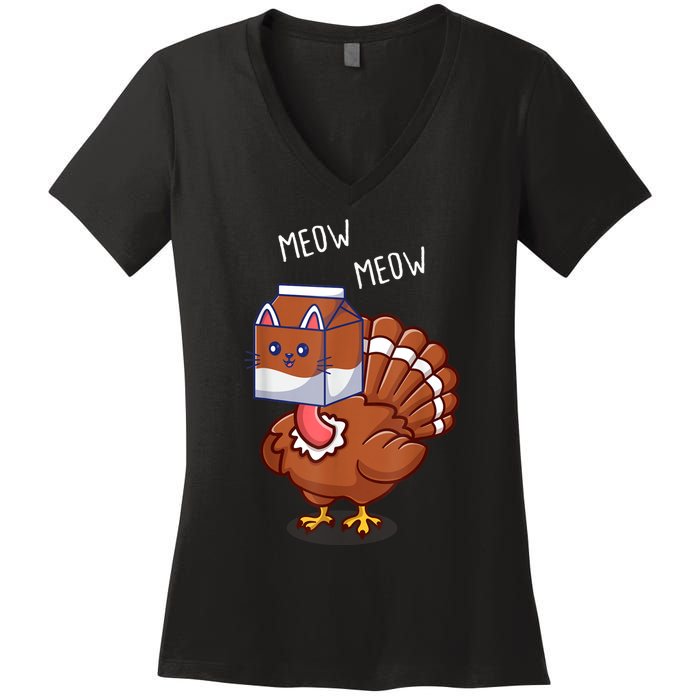 Thanksgiving Cat Funny Fake Cat Meow Thanksgiving Turkey Women's V-Neck T-Shirt