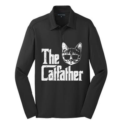 The Catfather Funny Cat Dad Fathers Day Movie Pun Papa Silk Touch Performance Long Sleeve Polo