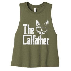 The Catfather Funny Cat Dad Fathers Day Movie Pun Papa Women's Racerback Cropped Tank