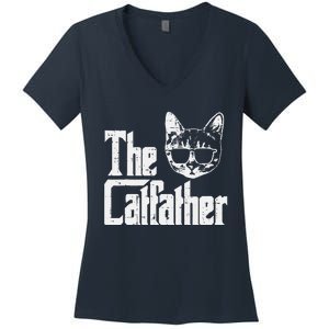 The Catfather Funny Cat Dad Fathers Day Movie Pun Papa Women's V-Neck T-Shirt