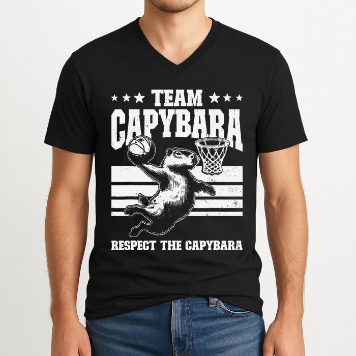 Team Capybara Funny Retro Rodent Capybara Playing V-Neck T-Shirt