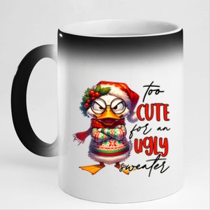 Too Cute For An Ugly Sweater Funny Sarcastic Grumpy Duck Christmas 11oz Black Color Changing Mug