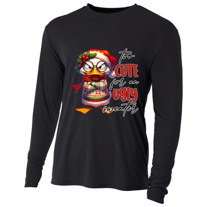 Too Cute For An Ugly Sweater Funny Sarcastic Grumpy Duck Christmas Cooling Performance Long Sleeve Crew