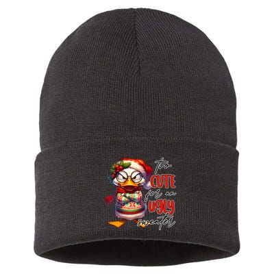 Too Cute For An Ugly Sweater Funny Sarcastic Grumpy Duck Christmas Sustainable Knit Beanie