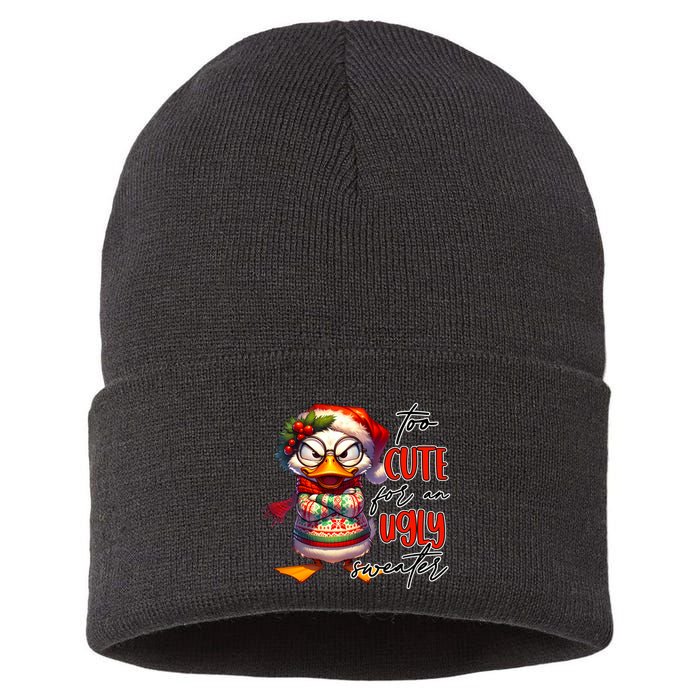 Too Cute For An Ugly Sweater Funny Sarcastic Grumpy Duck Christmas Sustainable Knit Beanie