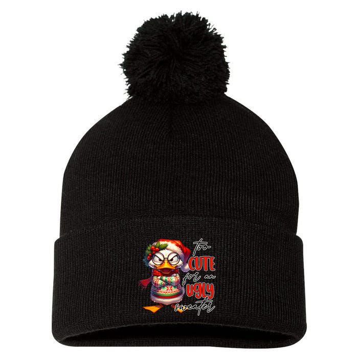 Too Cute For An Ugly Sweater Funny Sarcastic Grumpy Duck Christmas Pom Pom 12in Knit Beanie