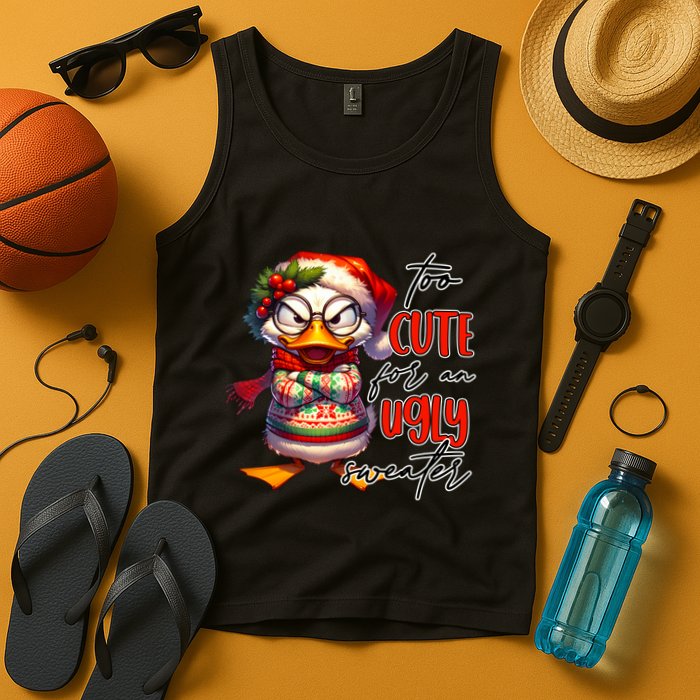 Too Cute For An Ugly Sweater Funny Sarcastic Grumpy Duck Christmas Tank Top
