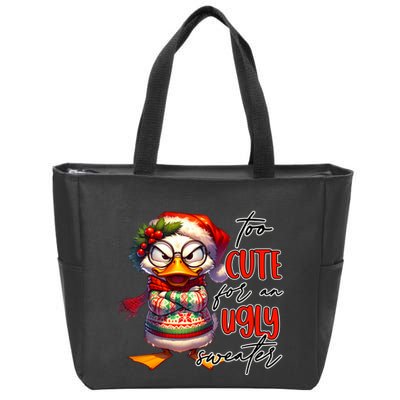 Too Cute For An Ugly Sweater Funny Sarcastic Grumpy Duck Christmas Zip Tote Bag