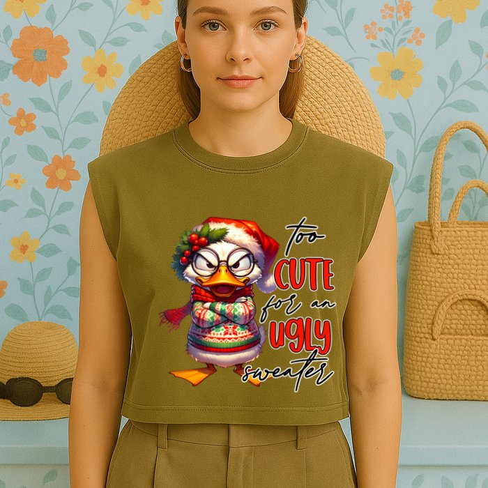 Too Cute For An Ugly Sweater Funny Sarcastic Grumpy Duck Christmas Garment-Dyed Women's Muscle Tee