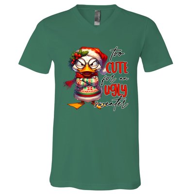 Too Cute For An Ugly Sweater Funny Sarcastic Grumpy Duck Christmas V-Neck T-Shirt