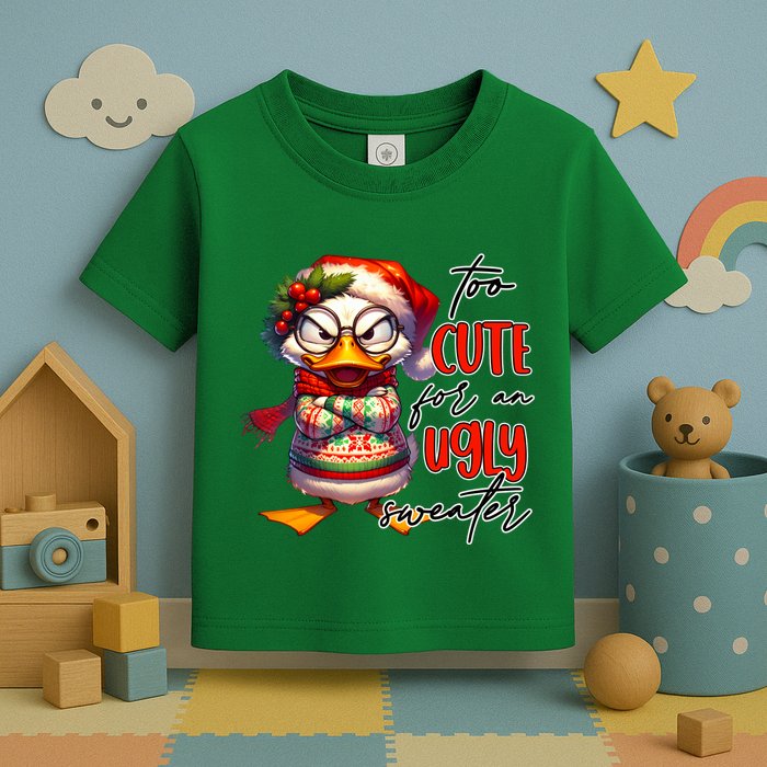 Too Cute For An Ugly Sweater Funny Sarcastic Grumpy Duck Christmas Toddler T-Shirt