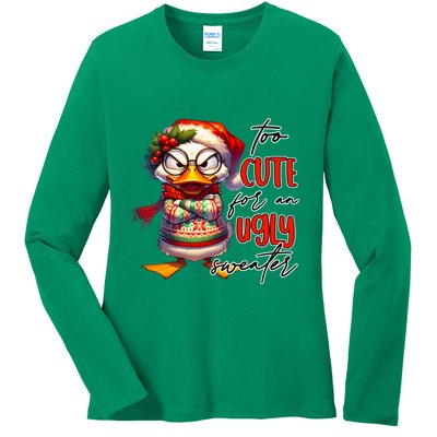 Too Cute For An Ugly Sweater Funny Sarcastic Grumpy Duck Christmas Ladies Long Sleeve Shirt
