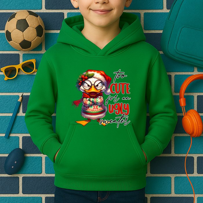 Too Cute For An Ugly Sweater Funny Sarcastic Grumpy Duck Christmas Kids Hoodie