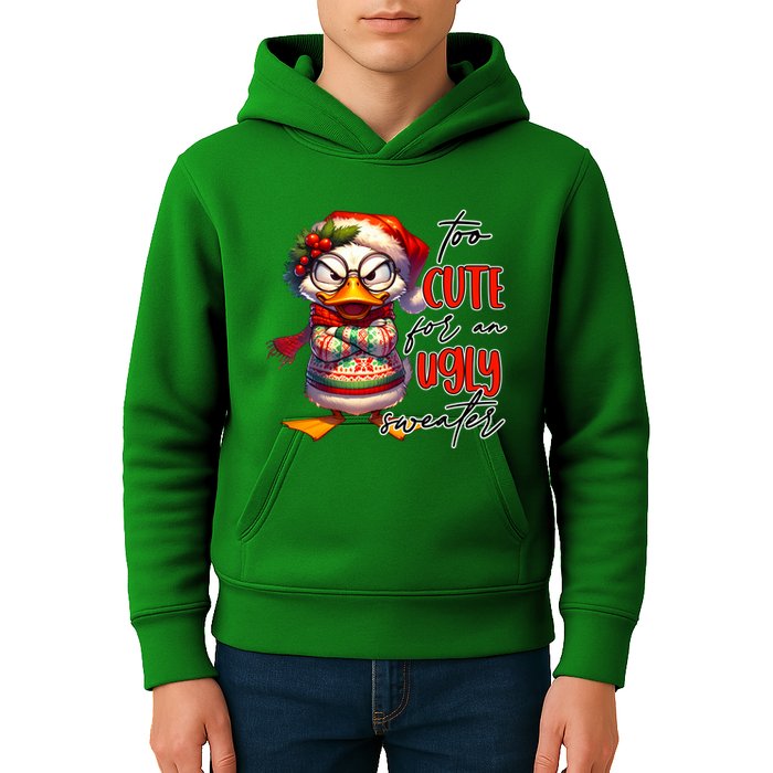 Too Cute For An Ugly Sweater Funny Sarcastic Grumpy Duck Christmas Kids Hoodie