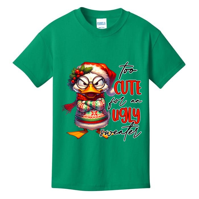 Too Cute For An Ugly Sweater Funny Sarcastic Grumpy Duck Christmas Kids T-Shirt