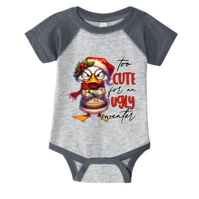 Too Cute For An Ugly Sweater Funny Sarcastic Grumpy Duck Christmas Infant Baby Jersey Bodysuit